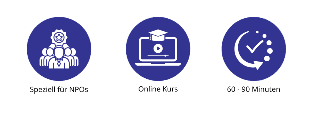 3 Icons. Erstes Icon zeigt: Menschen mit dem Titel "Speziell für NPOs"
Zweites Icon zeigt: Einen Laptop mit Akademiker Hut und Play-Symbol mit dem Titel "Online Kurs".
Drittes Icon zeigt: Eine Uhr als Pfeil mit dem Titel "60 - 90 Minuten"
